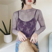 Lace Bottoming Shirt Women Spring Summer New Long-sleeved Mesh Gauze Thin Stand-up Collar Shirt Crocheted Hollow T-shirt 2024 - buy cheap