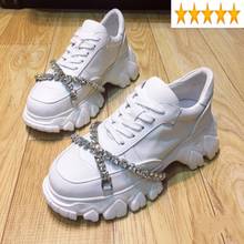 Leather Real Brand Flat 100% Platform Women Lace Up Rhinestones White Sneakers Street Height Increasing Casual Shoes 2024 - buy cheap