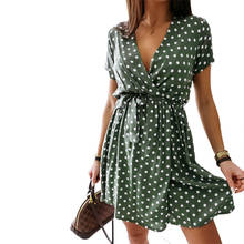 Polka Dot Dress Women V Neck Bowknot Belt Sundress Ladies Summer Beach Loose Short Mini Vestidos 2024 - buy cheap