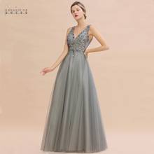 Luxury Silver Beads Crystals Tulle Evening Dress 2021 Robe De Soiree Sexy V Back Sequins Evening Prom Gowns Vestido De Festa 2024 - buy cheap