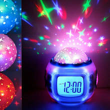 Relógio despertador com mudança de cor, música criativa, céu, estrela, projetor, lâmpada noturna, calendário, temperatura, display, temporizador 2024 - compre barato