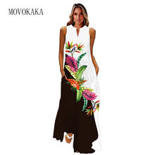 MOVOKAKA 2022 Spring Summer Dress Beach Casual Elegant White Leaf Print Long Dresses Woman Party Sleeveless V Neck Women's Dress 2024 - buy cheap