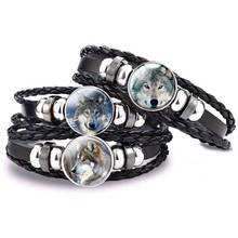 Vintage Jewelry Animal Wolf Bracelet Wolf Head Glass Cabochon Charm Black Leather Bracelet Gifts for Men 2024 - buy cheap