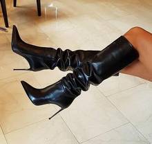 Winter New Black Nude Leather Woman Pointed Toe Thin Heels Pleated Knee High Long Boots Sexy Night Club Zipper High Heels Boots 2024 - buy cheap