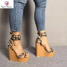 Sandalias elegantes de mujer con diseño Original de intención, sandalias con plataforma con cuña y cordones cruzados, zapatos sexis de leopardo de gran calidad para mujer de talla grande 4-15 2024 - compra barato