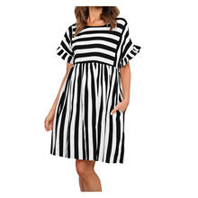 Stripe Short Sleeve Loose Casual Tshirt Dress Women Sundress Plus Size High Waist Ruffled Mini Shirt Dress O-Neck Summer Dress 2024 - buy cheap