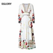 Sexy Deep V-Neck Long Dress 2021 Spring Summer Style Women Vintage Floral Print Hand Made Beading Long Sleeve White Maxi Dress 2024 - buy cheap