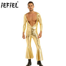 iEFiEL Men Gay Sexy Night Club Evening Party Costume Overalls Metallic Open Chest Bell Bottom Flare Leotard Bodysuit Clubwear 2024 - buy cheap