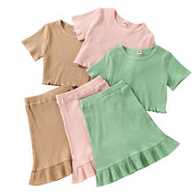 3-7Years Girl’s Outfits Two Piece Suit Fashion Solid Color Short Sleeve T-shirt and Ruffles Short Skirt 2024 - buy cheap