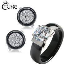 Fashion 2.0 Carat CZ Rhinestone Women Jewelry Sets for Female 6mm Smooth Black White Ceramic Rings Stud Earrings Wedding Gift 2024 - buy cheap