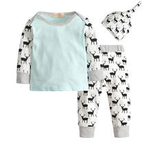 Conjunto de roupas para bebê recém-nascido 3 pçs, estampa de desenho animado, camiseta, calças, chapéu, cabeça de cervo, roupas infantis 2024 - compre barato