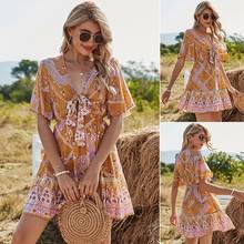 Boho Dresses for Women Casual Dress Vintage Beach Tunic Capes Ladies Beachwear Print Floral Bowknot Bind Dress 2024 - buy cheap