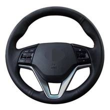 Funda de cuero genuino para volante de coche, cosida a mano, color negro, para Hyundai Tucson 3, 2015, 2016, 2017, 2018, 2019 2024 - compra barato