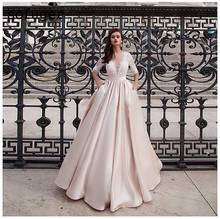 Vestido de noiva elegante, de cetim, com bolso, renda, meia manga, comprimento até o chão, vestido de noiva 2020 2024 - compre barato