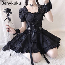 Puff Sleeve Black Gothic Girls Lolita Dress Vintage Punk Style Ruffles Bandage Mini Dress Victorian Renaissance Women Dresses 2024 - buy cheap