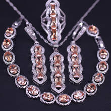 Оригинальный дизайн шампанское циркон белый кристалл серебряный цвет ювелирные изделия для женщин длинные серьги ожерелье кольцо браслет набор 2024 - купить недорого