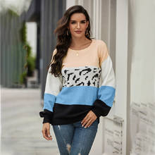 Women Sweater Leopard Print Patchwork Sweater Long Sleeve Jumper Knitted Loose Preppy Style Fall Winter 2020 2024 - buy cheap