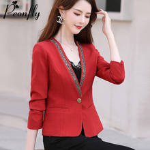 PEONFLY High Quality Blazer Women Slim Jacket Office Lady Korean Style Coat Shinny Patchwork Formal Single Button Tops Red 2024 - buy cheap