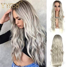 Yysoo na moda glueless onda longa peruca de cabelo sintético platina loira peruca encaracolado com raízes escuras fibra resistente ao calor para mulher 2024 - compre barato