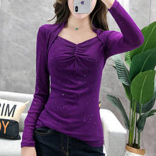 #5724 Pink Black Green Purple Shiny Tight Mesh T Shirt Women Sexy Long Sleeve Korean Fashion Slim Tee Shirt Split Joint 2024 - buy cheap