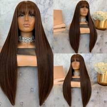 Brown Silky Straight 360 Lace Front Human Hair Fringe Wigs for Black Women 180 Density Lace Frontal Wigs with Bangs 2024 - buy cheap