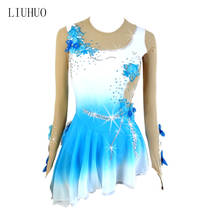 Платье для девочек, для фигурного катания, с длинными рукавами, стразы, голубые градиентные цветы, комбинированное балетное платье для катания на роликовых коньках 2024 - купить недорого