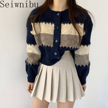 Seiwnibu patchwork Knitted Sweaters Lady Vintage Chic Cardigan Sweater Coat + High Waist Pleated Skirt Ladies Sets Outfits 2024 - buy cheap