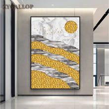Pôster de parede para sala de estar, arte abstrata, nórdico, montanha, sol, tela dourada, pintura, arte moderna, impressão 2024 - compre barato