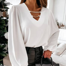 Spring Autumn Fashion Long Sleeve Blusa Elegant Solid Chain V-neck Chiffon Blouse Shirt Women Sexy Hollow Out Pullover Top 12829 2024 - buy cheap