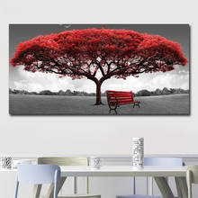 Pintura a óleo de paisagem da árvore vermelha e cadeira, pôsteres de tela, impressões, escandinavo, imagem de arte de parede para sala de estar, quadros 2024 - compre barato