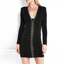 Vestido Bandage negro de rayón para fiesta de noche, vestido Sexy ajustado de manga larga con cuello en V para mujer 2024 - compra barato