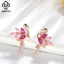 Rinntin 925 brincos de flamingo de prata esterlina para mulheres banhados a ouro rosa brinco de pássaro pino aaaa zircônio joias tse164 2024 - compre barato