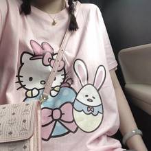 Harajuku Style 2021 Summer Japanese Wild Pink Short-sleeved T-shirt Female New Ins Japanese Kitten Print Loose Student Shirt 2024 - buy cheap