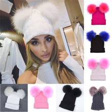 Fur Ball Cap 2 Pom Poms Winter Hat for Women Girl 's Wool Hat Knitted Cotton Beanies Cap Brand New Thick Female Cap 2024 - compre barato