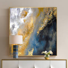 Pintura abstracta de 100% hecha a mano para sala de estar, imagen artística moderna de alta calidad, en azul y dorado y negro 2024 - compra barato