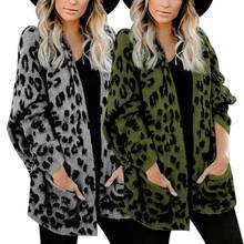 Chaqueta de punto con bolsillos de leopardo para mujer, jersey de manga larga con abertura frontal, elegante 2024 - compra barato