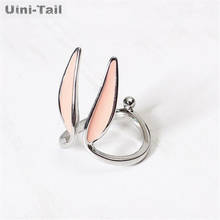 Uini Tail new design hot sale 925 Tibetan silver simple sweet pink epoxy rabbit ear ring personality cute long ear open ring 2024 - buy cheap