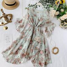 Party Beach Dresses Female 2019 Summer Fairy Trumpet Sleeve Slim Irregular Floral Chiffon Dress Elegant Style Vestidos 2024 - buy cheap