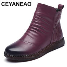 CEYANEAO Vintage Genuine Leather Winter Boots for Women Flat Low Heel Embroidery Round Toe Zip Autumn Leather Ankle Boots Women 2024 - buy cheap