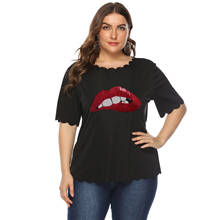 Blusa informal de manga corta con cuello redondo para mujer, blusa elegante con lentejuelas y labios rojos, talla grande, 2020 2024 - compra barato