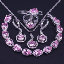 Princesa rosa cristal & zircon cor de prata traje jóias conjunto brincos anel colar conjunto com pulseira de jóias de noiva 2024 - compre barato