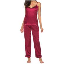 Conjunto de pijama Sexy para mujer, ropa de dormir con cuello en V, sin mangas, con tirantes de encaje, camisola de satén, para invierno 2024 - compra barato