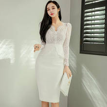 Women White Black Elegant Party Dress 2021 Summer Sexy Lace V-Neck Long Sleeves High Waist Tight Bandage Bodycon Dinner Dresses 2024 - buy cheap