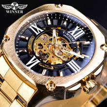 Relógio de pulso automático winner dourado, relógio mecânico à prova d'água com pulseira de aço inoxidável, design 3d de steampunk 2024 - compre barato