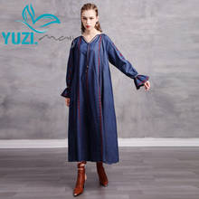 Vestido feminino inverno 2020 yuzi, boho novo vestido jeans para mulheres, manga flare com decote em v, bordado vintage, vestidos soltos a82270 2024 - compre barato