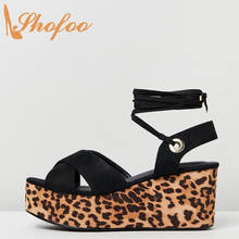 Shofoo preto leopardo sandálias rendas até cruz amarrado plataforma super alta cunhas saltos grande tamanho 12 15 senhoras sapatos de moda verão 2024 - compre barato