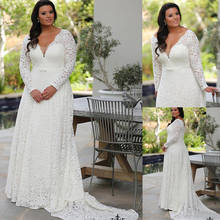 Full Lace V-neck Neckline A-line Plus Size Wedding Dresses With Bowknot Long Sleeves Sweep Train Vestido de Noiva Bridal Gowns 2024 - buy cheap