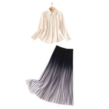 Women Fashion Summer Outfits 2Pcs Set Champagne Satin Shirt + Gradient Stripes Pleated High Waist Midi Skirt 2024 - buy cheap