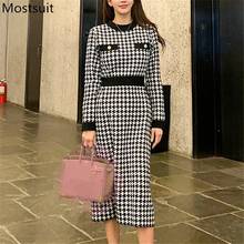 2022 Autumn Korean Vintage Houndstooth Knitted Women Long Dress Full Sleeve O-neck A-line Dresses Fashion Elegant Laides Vestido 2024 - buy cheap