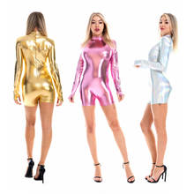 Wet Look Shiny PU Leather Playsuits Sex Appeal Long Sleeve Tights Bodysuit Pole Dance Night Clubwear Performance Catsuit Leotard 2024 - buy cheap